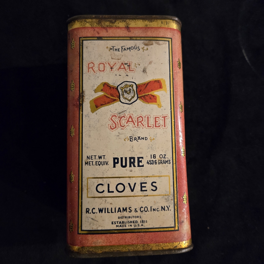 Royal Scarlet Pure Cloves Tin - Red & Cream Metal Can Decor
